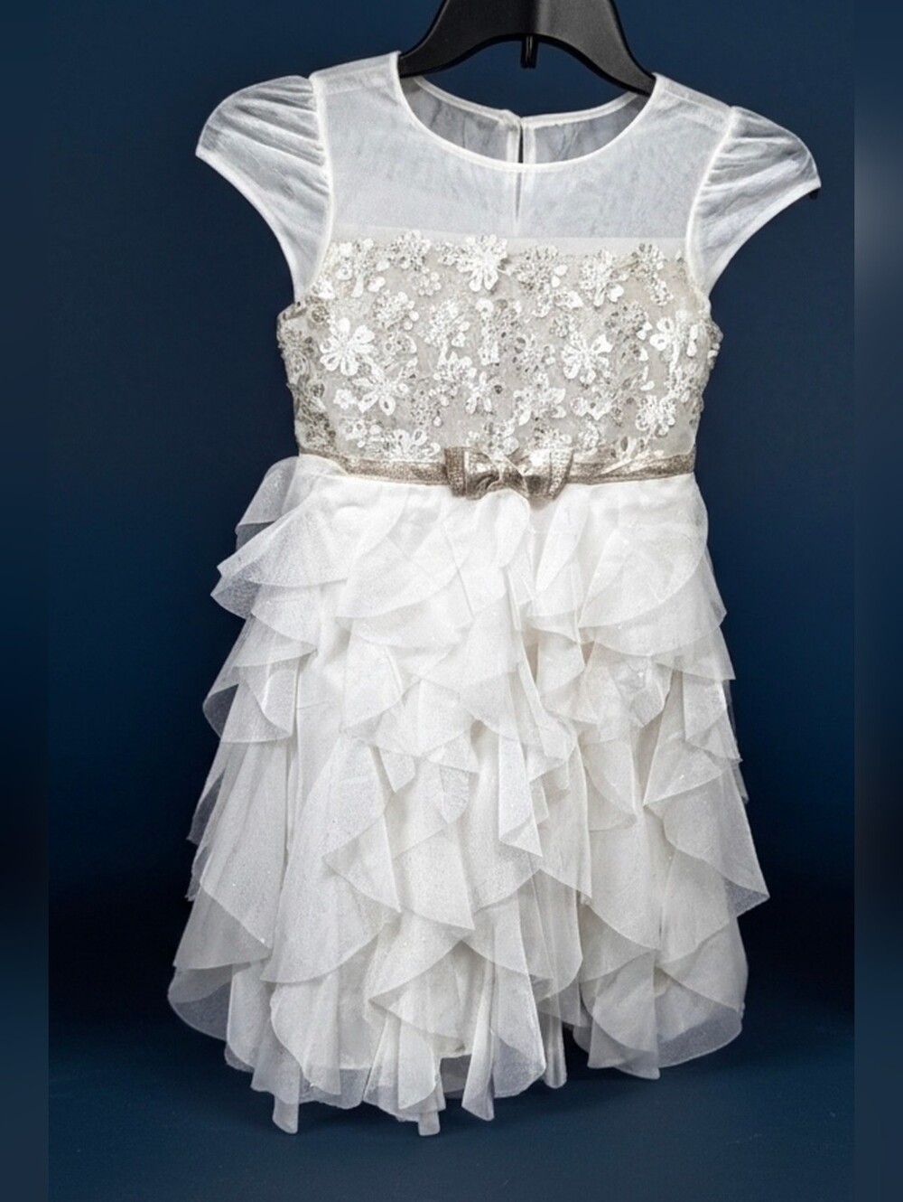 Jona Michelle White & Gold Embellished Ruffle Dress